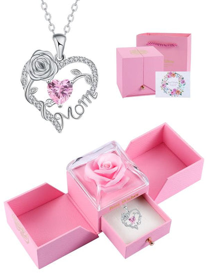 Rose Jewelry Gift Box With Heart Rose Mom Pendant Necklace
