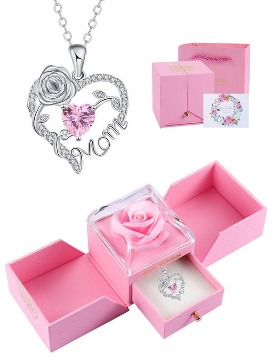 Rose Jewelry Gift Box With Heart Rose Mom Pendant Necklace